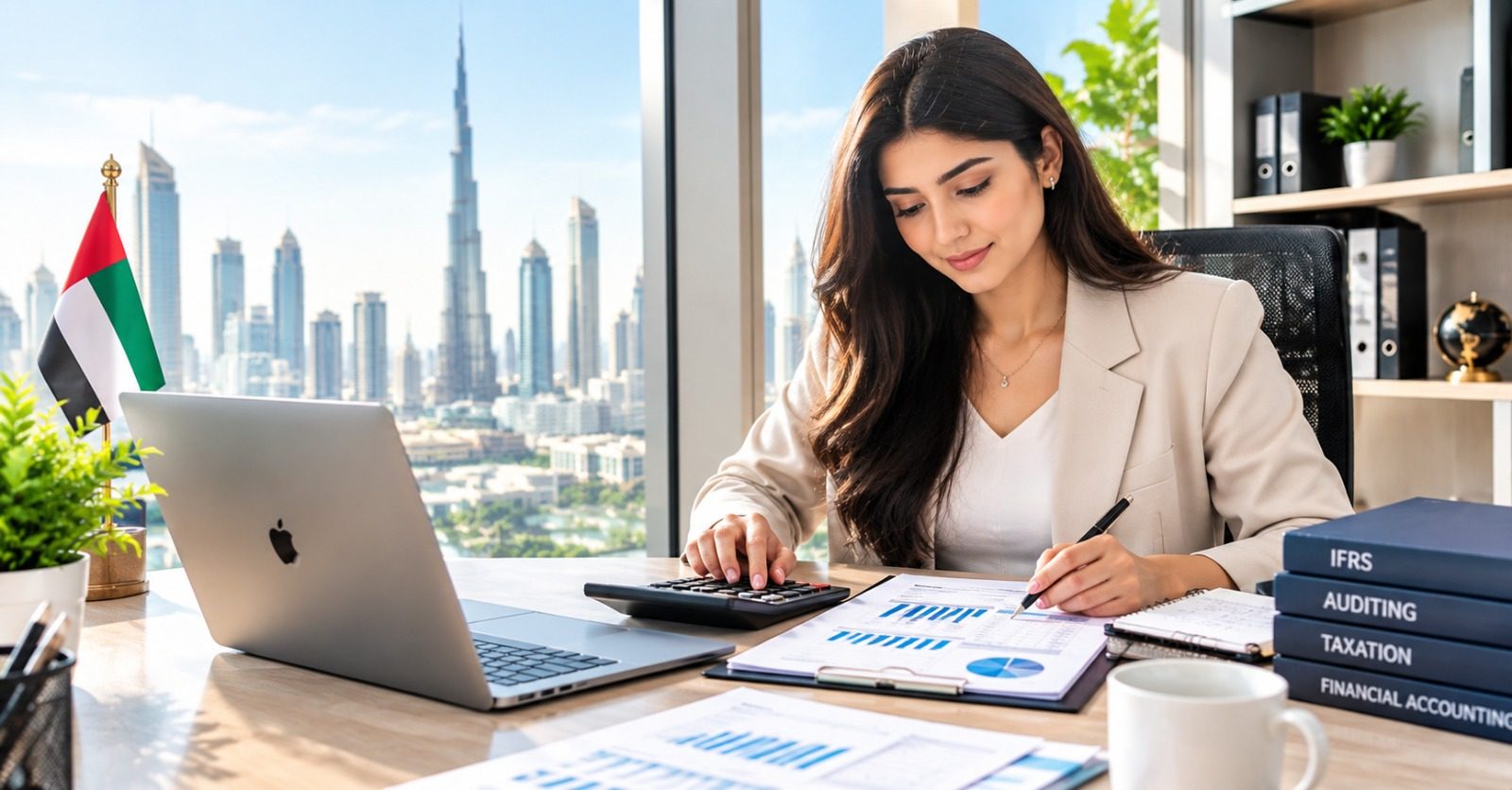 An accountant reviewing financial statements beside IFRS and auditing books in a Dubai office