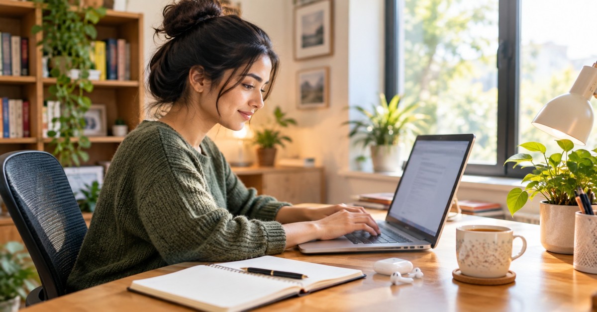 A freelance content writer drafting an article at a home desk