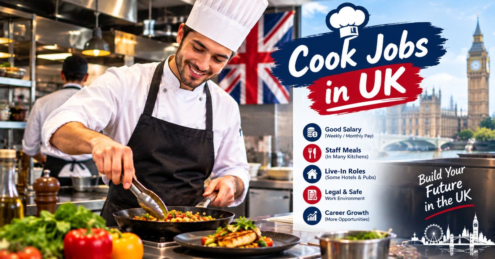 A cook plating a dish in a professional UK kitchen with the Houses of Parliament in the background