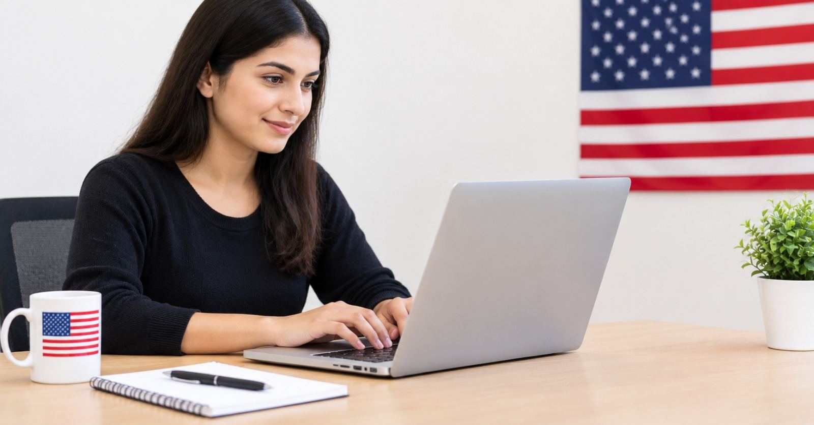 A data entry clerk checking records against source documents on a laptop