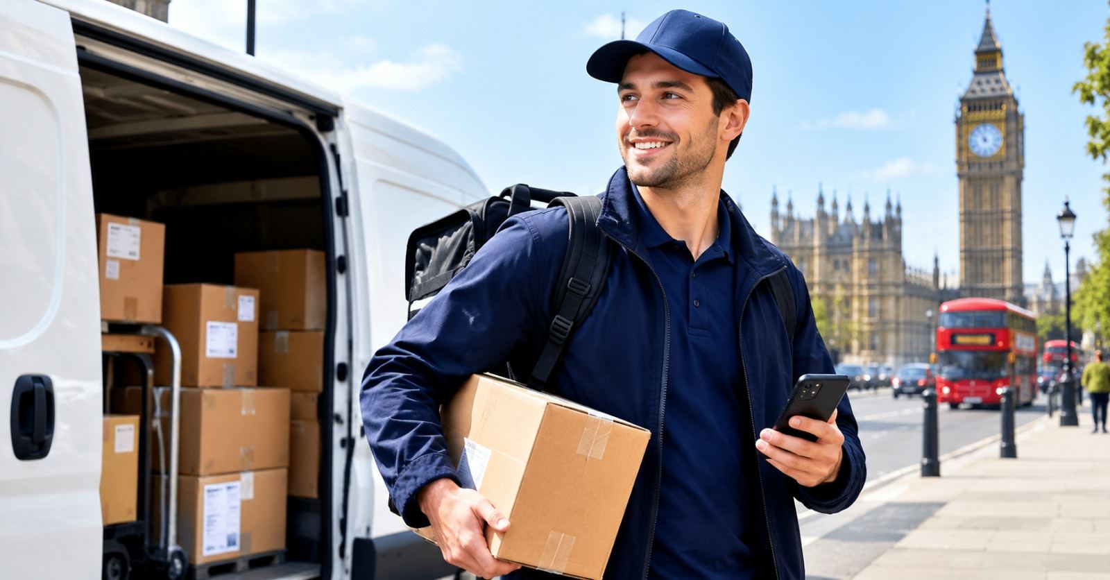 A UK delivery driver at the rear doors of a parcel van checking a handheld scanner