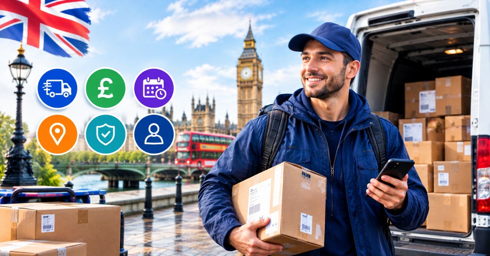 A self-employed delivery driver loading parcels into a van on a UK street