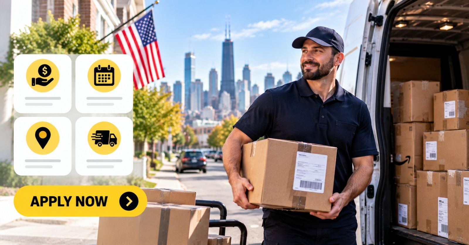 A delivery driver carrying a parcel from a van on a US city street