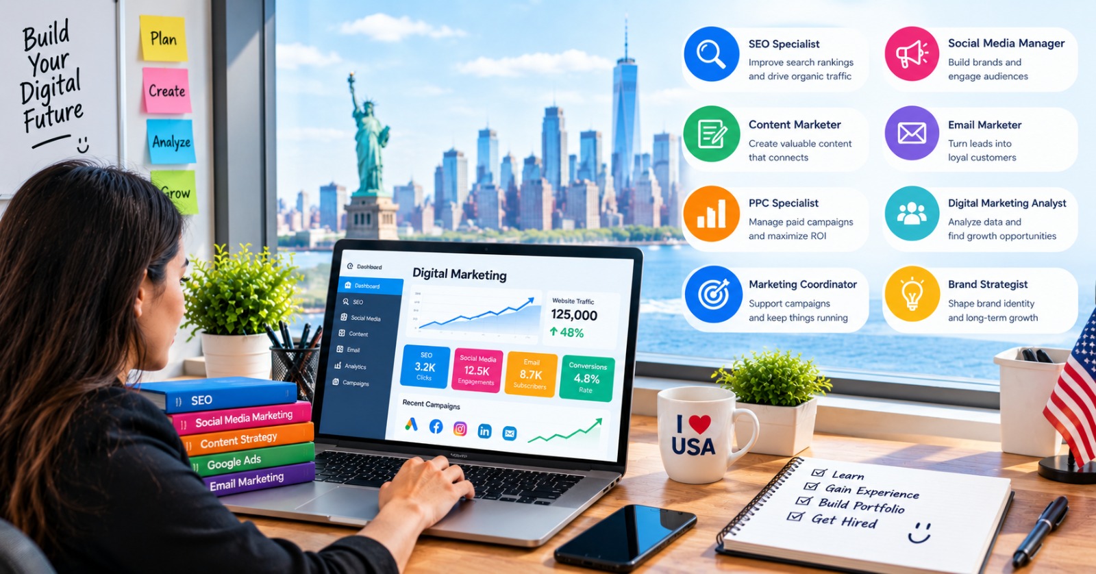 A remote digital marketing specialist managing paid campaigns and content for US clients