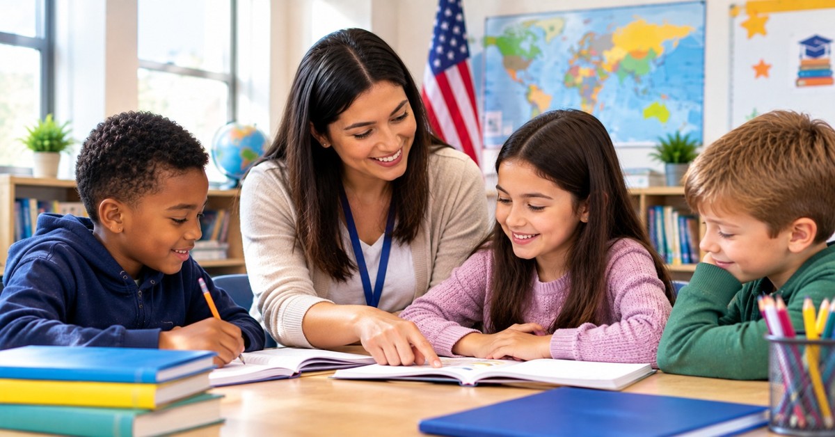 A teacher assistant helping a small group of elementary students read at a classroom table