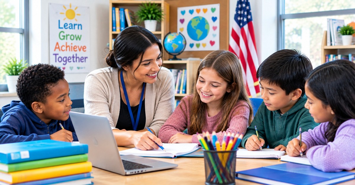 A paraprofessional working with a small group of students writing in notebooks around a classroom table