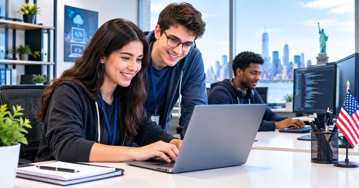 A young woman and a colleague working through a task on a laptop while another IT worker reviews code on a monitor, the New York skyline and Statue of Liberty behind them