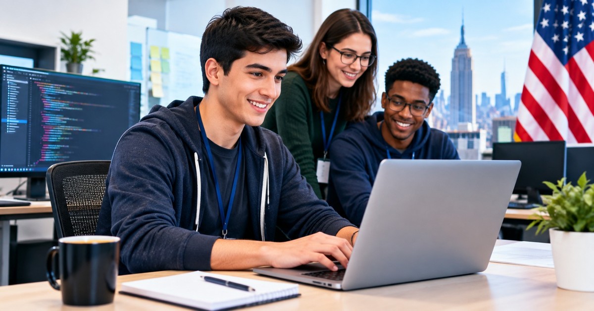 Three young entry level IT workers collaborating around a laptop in a bright office, code on a monitor behind them, a US flag and the New York skyline through the window