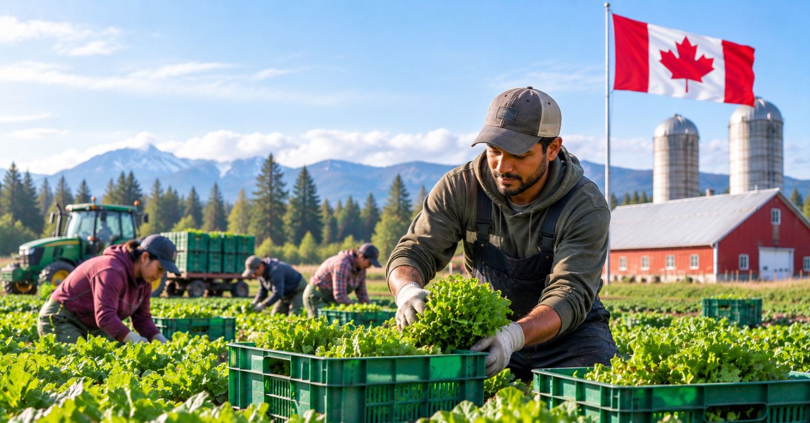 A worker tending plants inside a Canadian commercial greenhouse
