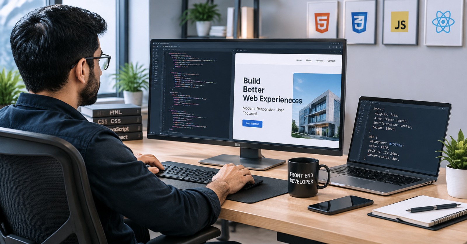 A remote front end developer working on CSS layout and a live landing page for a US client