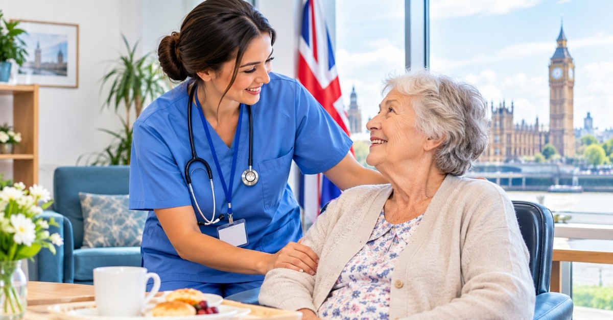 A healthcare support worker in blue scrubs helping an elderly patient in a care setting, beside a Healthcare Support Jobs in UK banner
