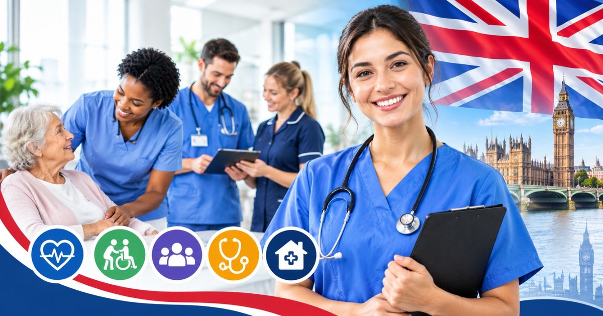 A team of NHS healthcare support workers in blue scrubs with a patient, beside a Healthcare Support Jobs in UK banner
