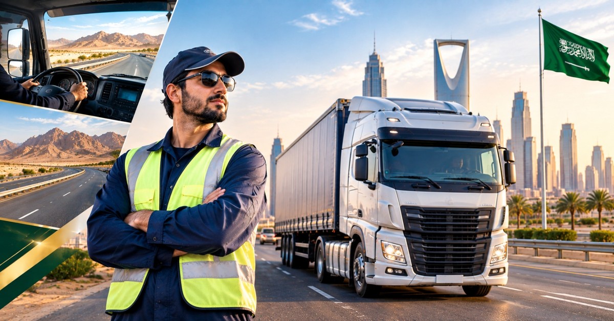 A heavy truck driver beside a container truck on a desert highway with the Riyadh skyline behind, next to a Heavy Truck Driver Jobs in Saudi Arabia banner
