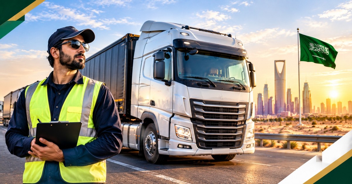 A heavy truck driver in a hi-vis vest with a clipboard beside a truck on a Saudi highway, next to a Heavy Truck Driver Jobs in Saudi Arabia banner