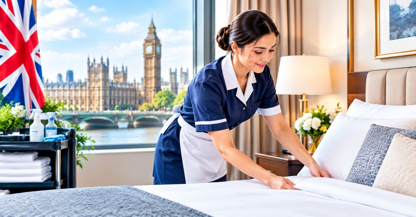 A hotel housekeeper making a bed in a London hotel room with Big Ben and the Thames outside the window