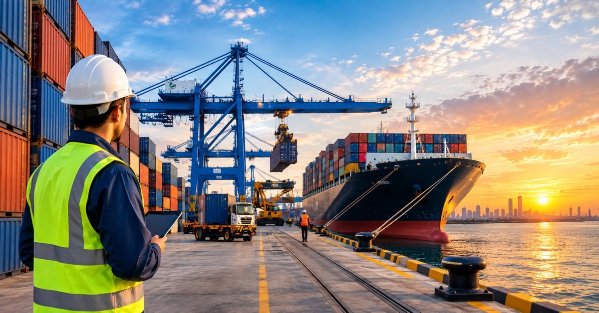 Ship-to-shore cranes working a container vessel