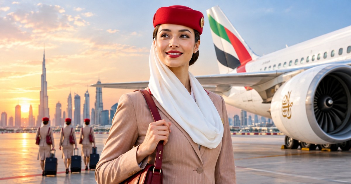 Emirates cabin crew on duty in the aircraft cabin