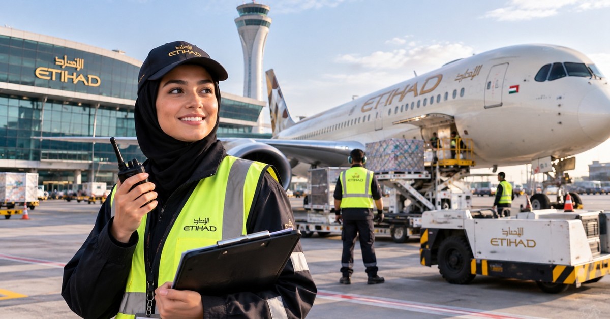 Airline ground and cabin staff in uniform inside an Abu Dhabi airport terminal