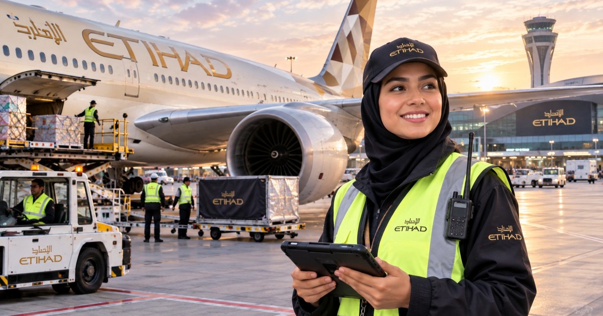 Airport ground crew working beside an aircraft on the apron at Zayed International Airport in Abu Dhabi