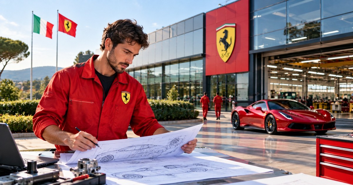 Assembly line workers building a Ferrari sports car