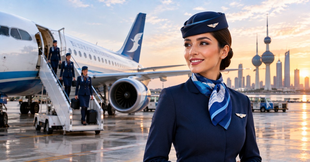 Kuwait Airways cabin crew beside an aircraft