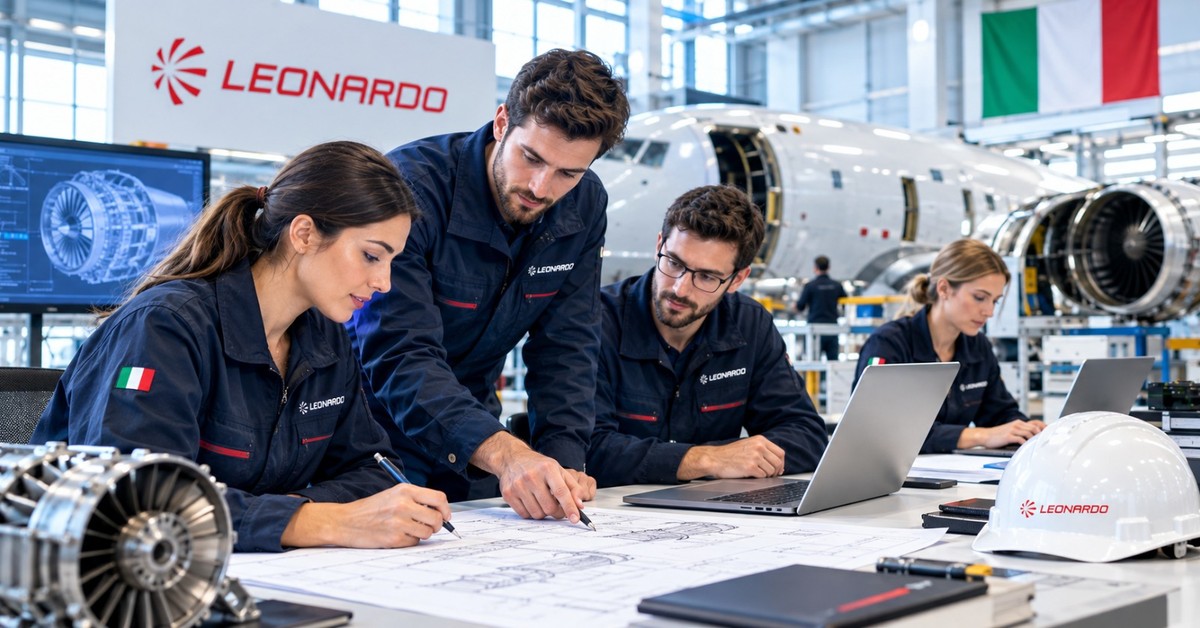 Aircraft maintenance and assembly work inside an aerospace hangar