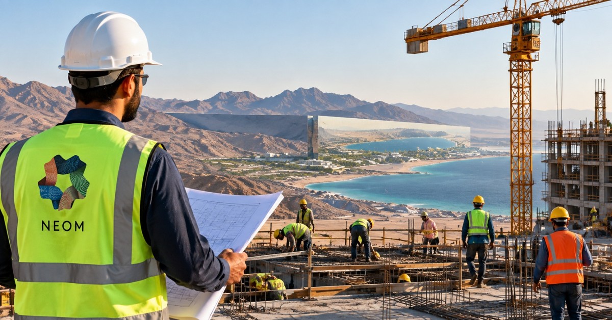 Construction site work in progress on a large infrastructure project in the Saudi Arabian desert