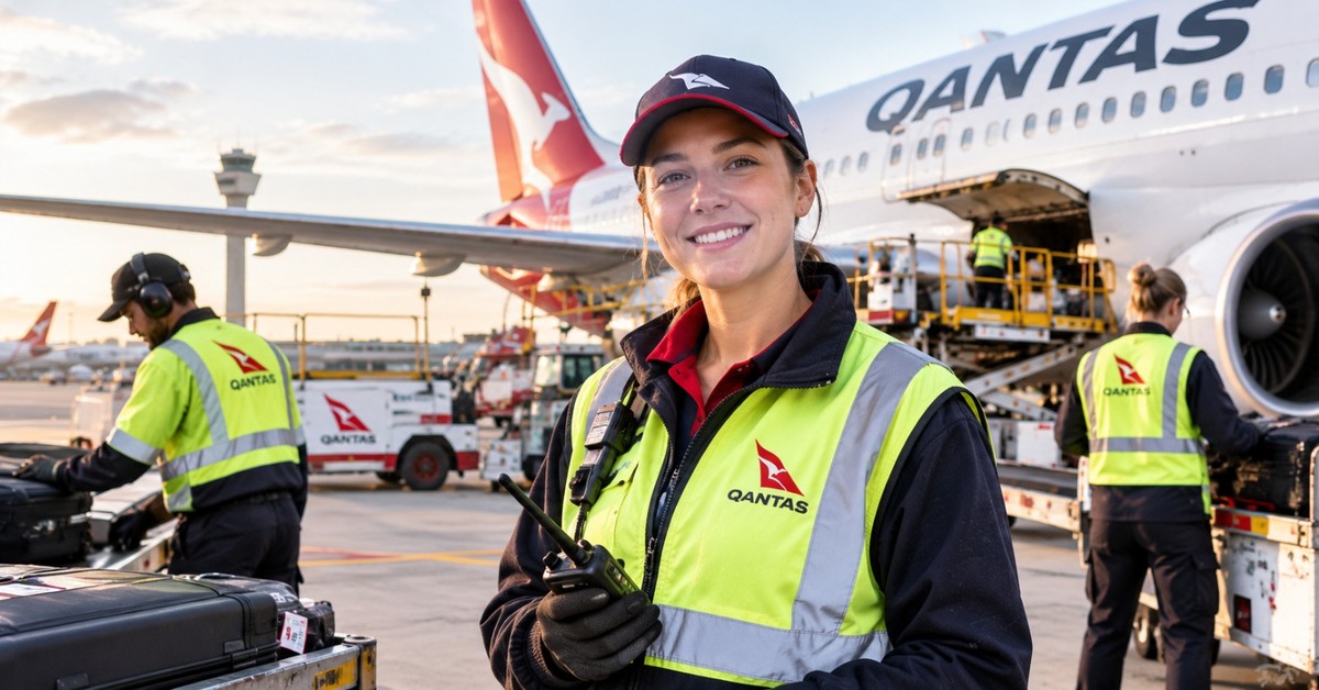 Qantas ground crew in high visibility vests loading baggage beside an aircraft on the apron
