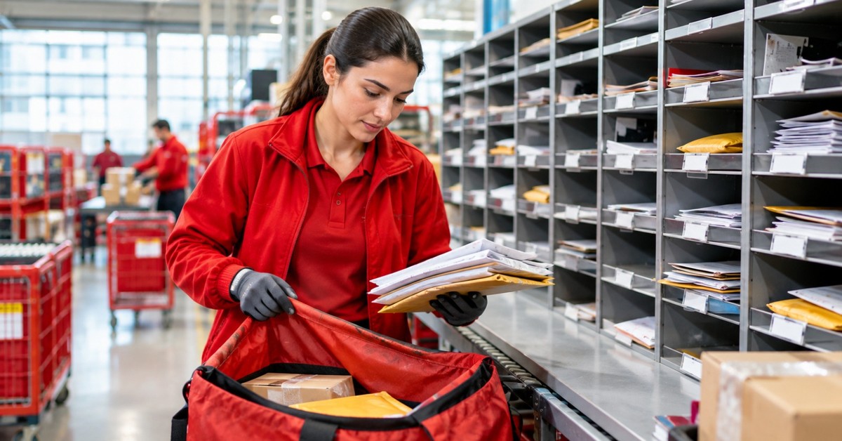 Postal worker delivering mail on a round
