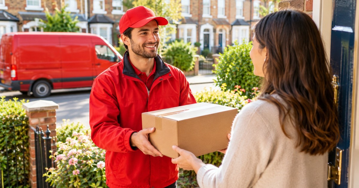 Mail and parcels being sorted at a Royal Mail delivery office