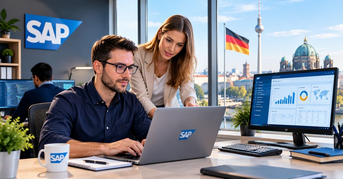 An SAP consultant working at a desk in a German office