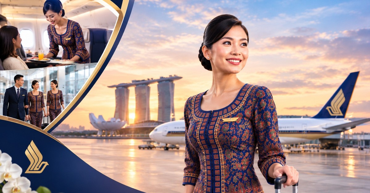 Singapore Airlines cabin crew serving a passenger in the cabin and walking through Changi Airport with the Singapore skyline behind