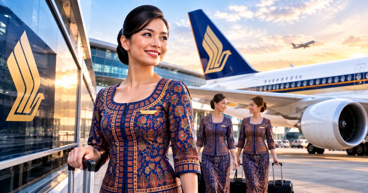 Singapore Airlines cabin crew in the batik sarong kebaya uniform walking through an airport terminal towards an aircraft