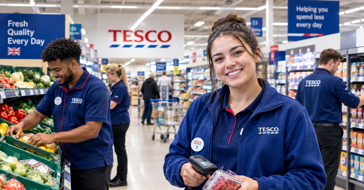Tesco colleagues in navy uniform restocking fresh produce and scanning items on a UK supermarket shop floor