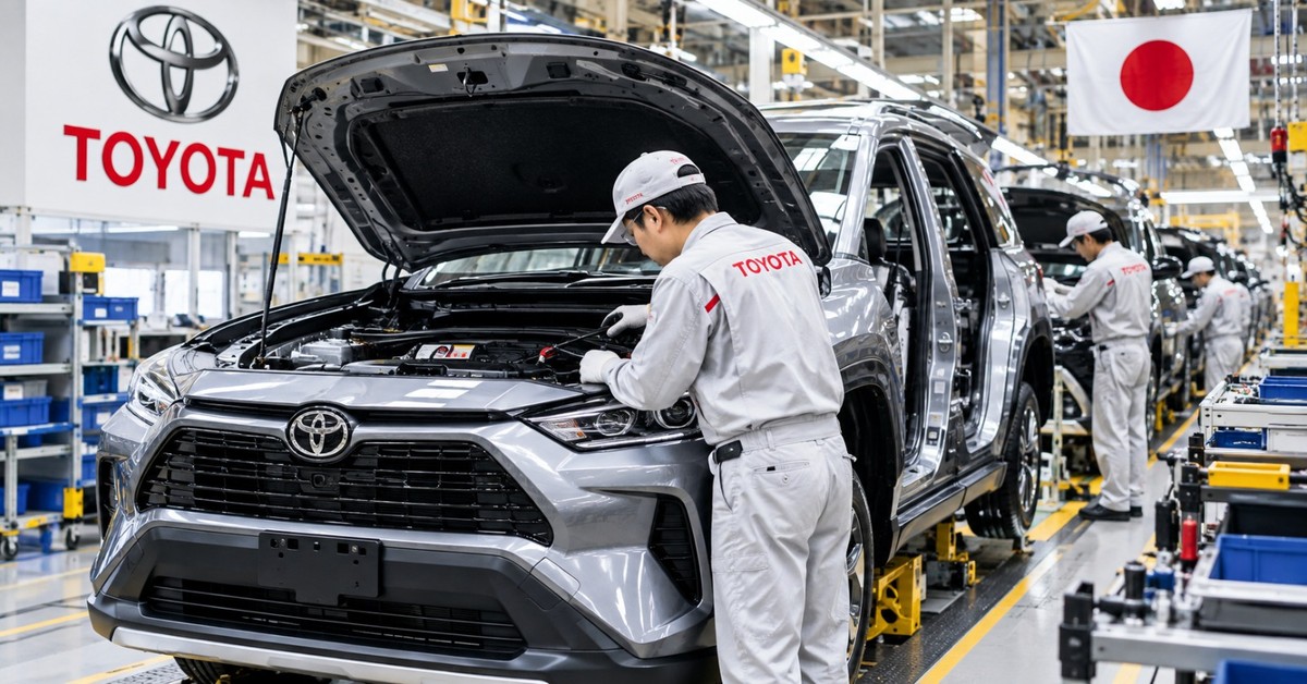 Toyota assembly line workers checking a vehicle engine bay inside a Japanese manufacturing plant