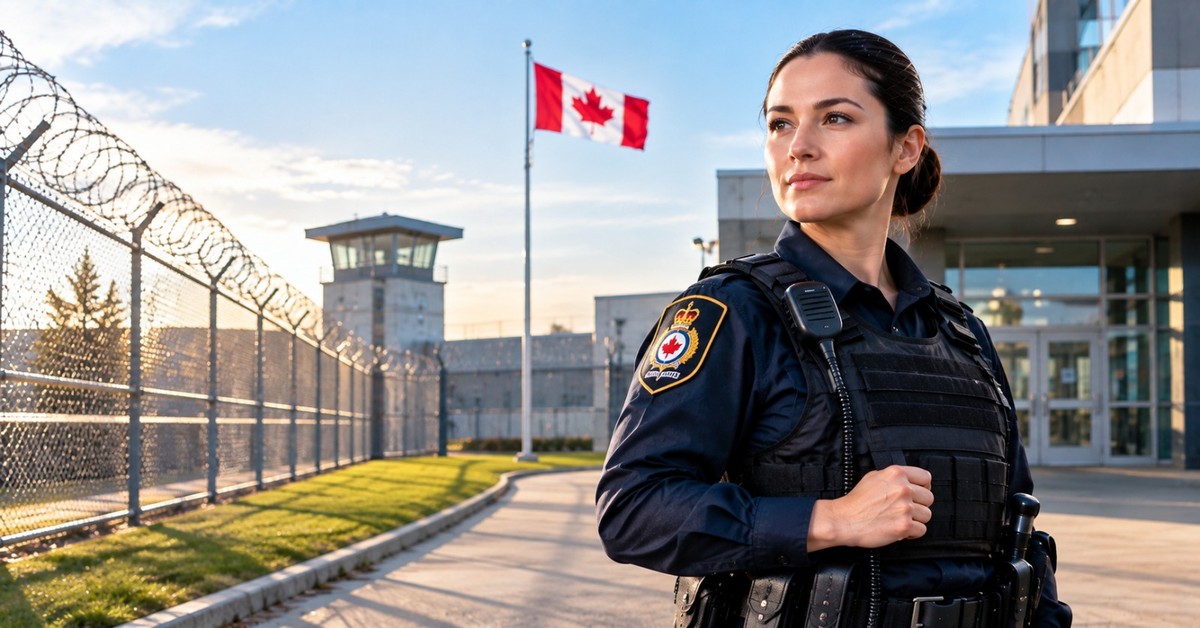 A correctional officer in uniform and radio vest standing outside a Canadian correctional institution entrance, with a chain-link fence, watchtower and Canadian flag behind her