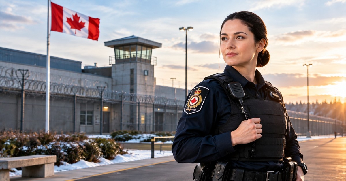 A Canadian correctional officer in a dark uniform and duty vest outside a snow-lined penitentiary with a watchtower, razor-wire fence and Canadian flag at sunrise