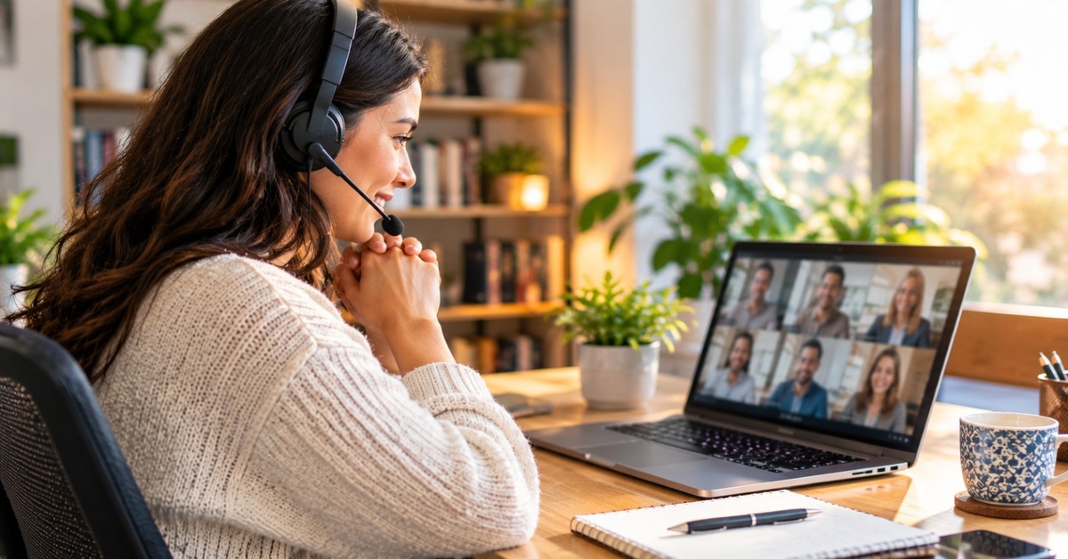 A virtual assistant wearing a headset smiling during a client call at a home office desk