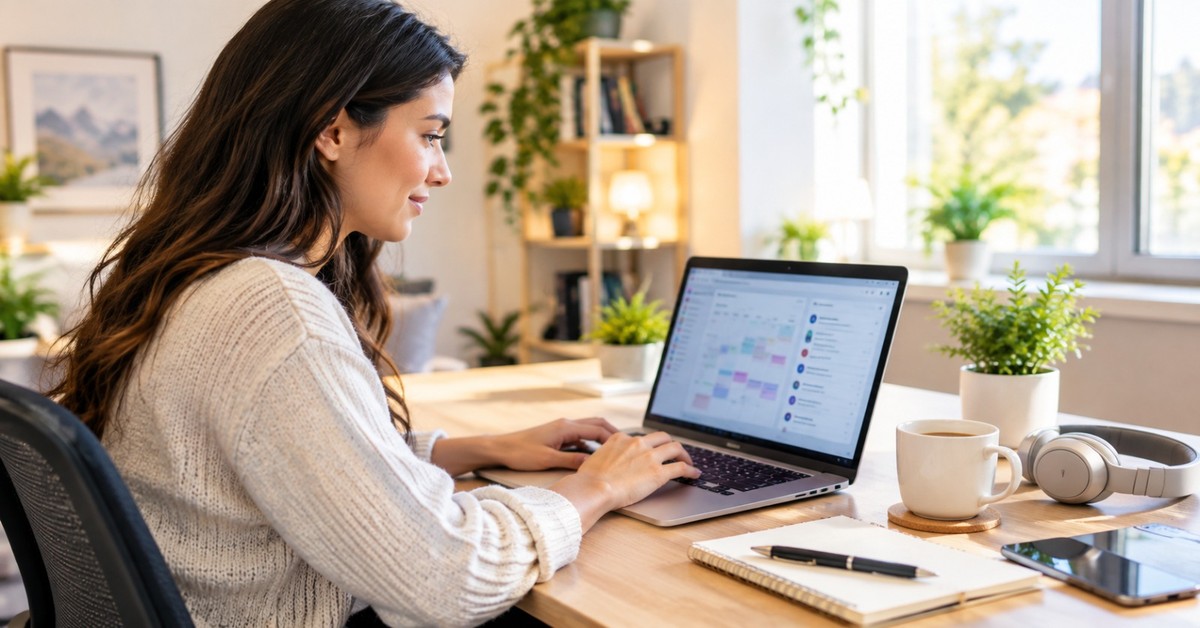 A virtual assistant working on a laptop calendar at a home desk with a notebook and coffee