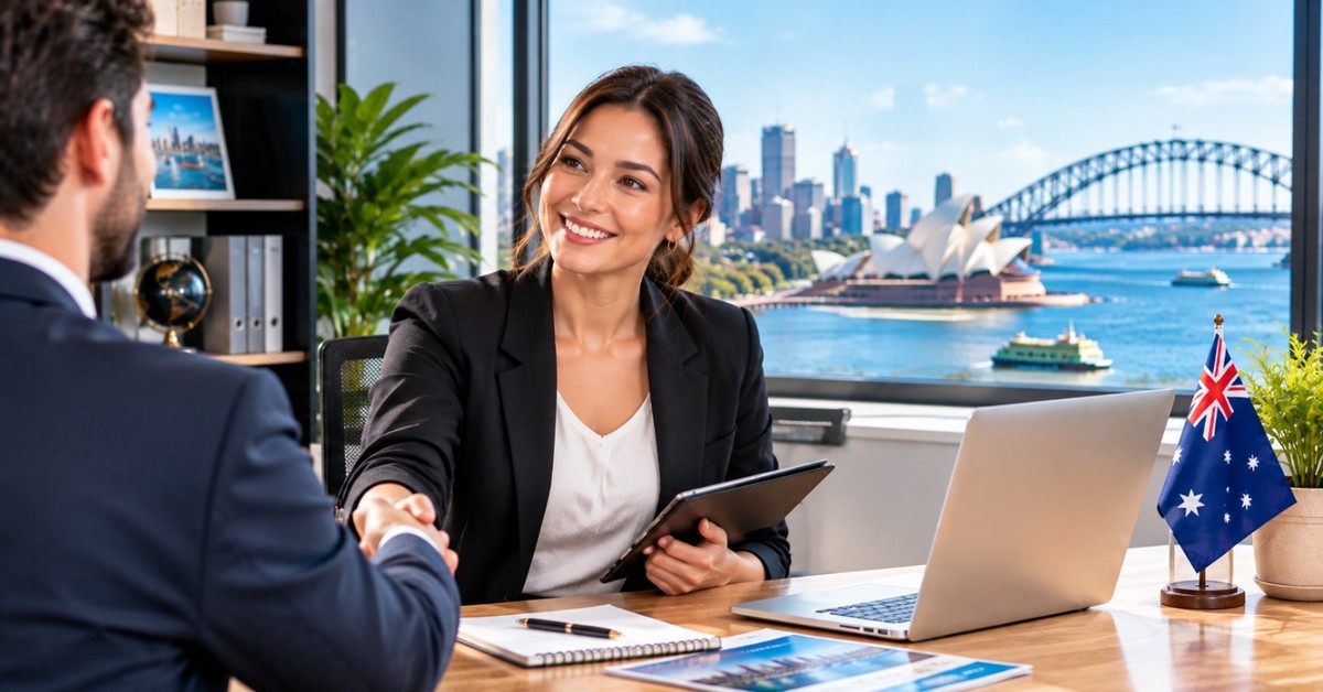 A sales representative with a tablet shaking hands with a client across an office desk, the Sydney Opera House and Harbour Bridge through the window behind her