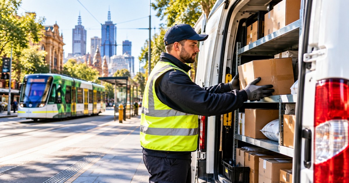 A courier loading parcels into a van on an Australian city street