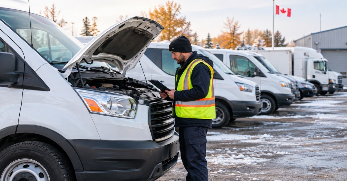 A Canadian fleet driver standing in front of a row of trucks and vans in a yard with mountains behind