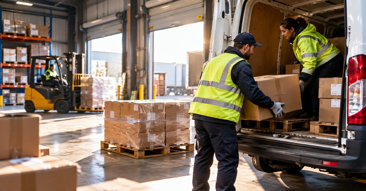 A warehouse driver in a high-visibility vest beside a delivery van at a UK distribution centre loading bay