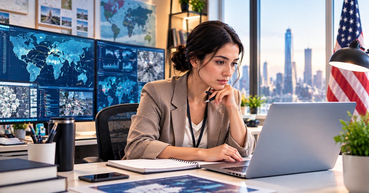 An analyst reviewing global maps and data visualisations on screens in a secure office, beside an Intelligence Analyst Jobs in USA banner