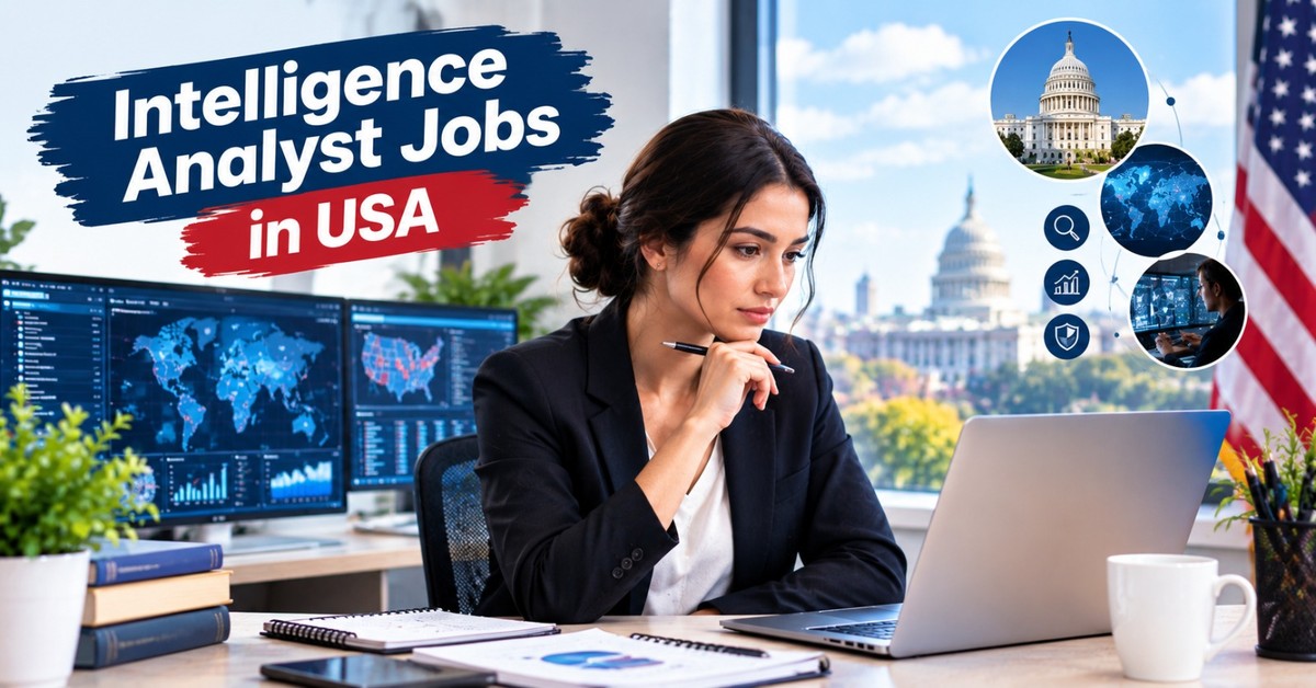 An intelligence analyst studying maps and dashboards on multiple monitors in a US office, beside an Intelligence Analyst Jobs in USA banner