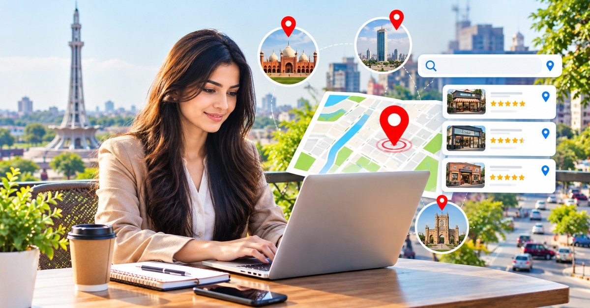 A local SEO assistant reviewing map results and business listings on a laptop