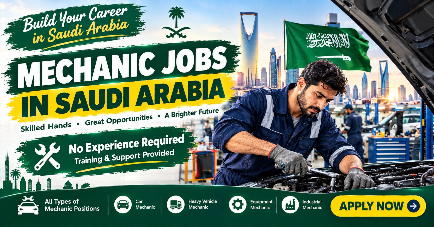 Young mechanic tightening an engine component in a busy Saudi garage — auto mechanic jobs in Saudi Arabia