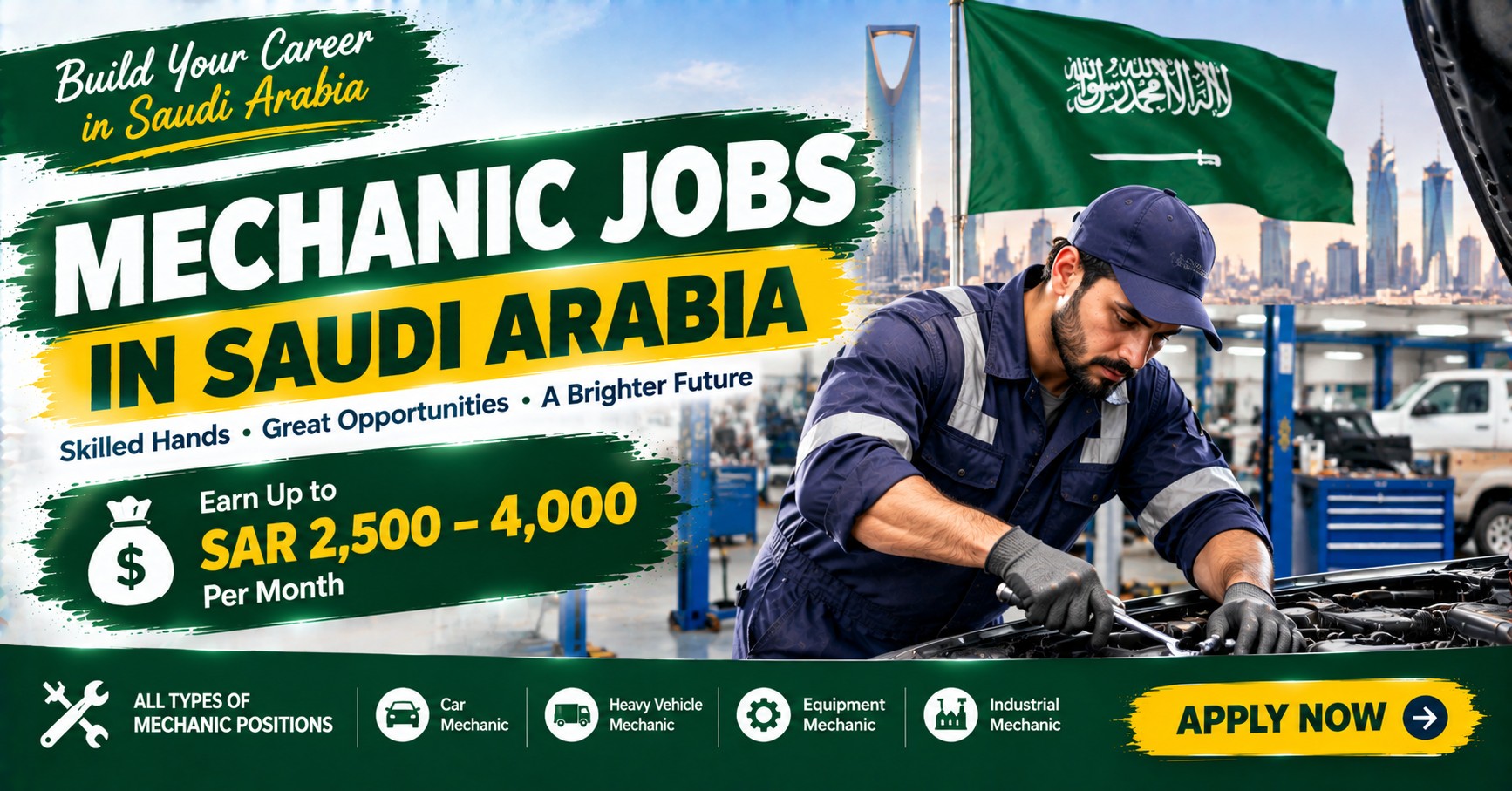 Mechanic working under the bonnet in a Saudi workshop with the Riyadh skyline behind — mechanic jobs in Saudi Arabia