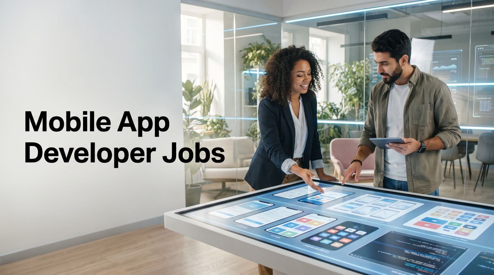 Two developers reviewing iOS and Android app screens side by side