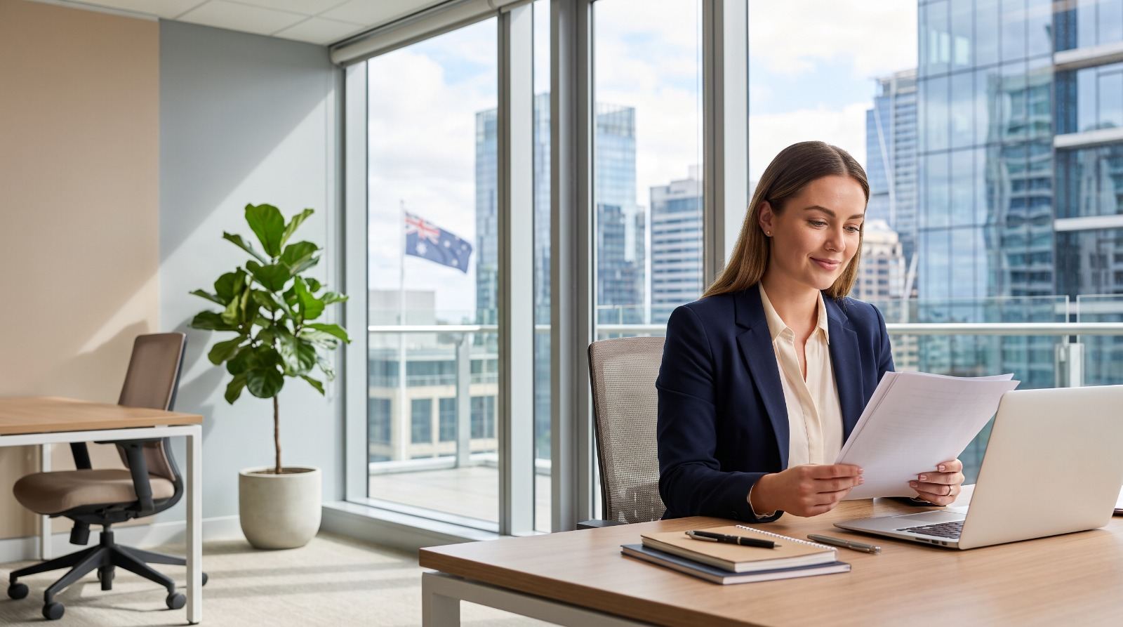 An office assistant working at a reception desk in an Australian office